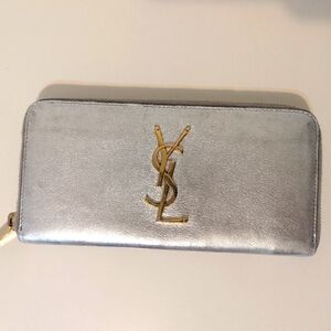 Yves Saint Laurent Metallic Silver Wallet with Gold Emblem